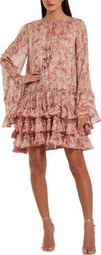 Mac Duggal Women's Floral Long Sleeve Ruffle Viscose Mini Dress