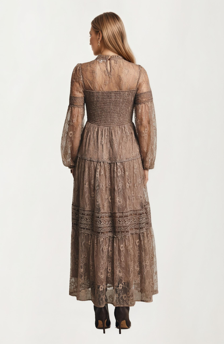 Knit and Lounge Long Sleeve Lace Maxi Dress with Tiered Skirt, Alternate, color,