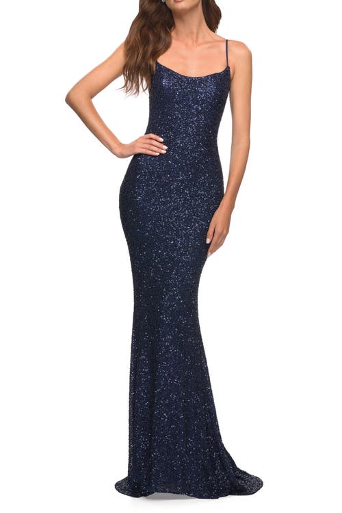 La Femme Lovely Long Soft Sequin Dress With Scoop Neck