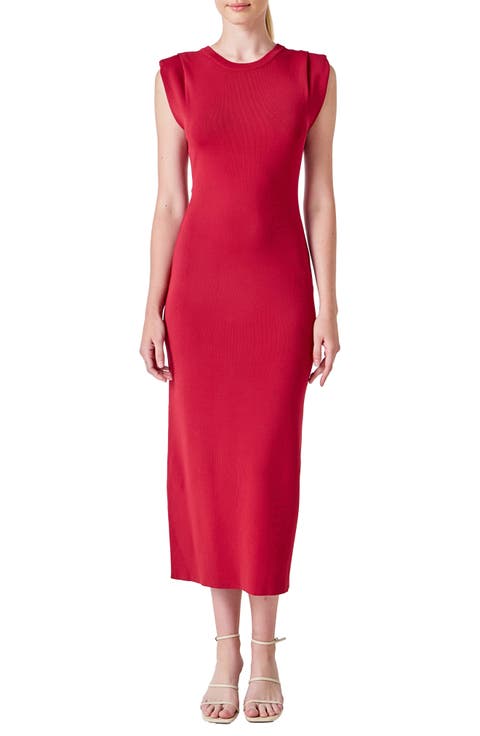 Pleated Shoulder Midi Sweater Dress