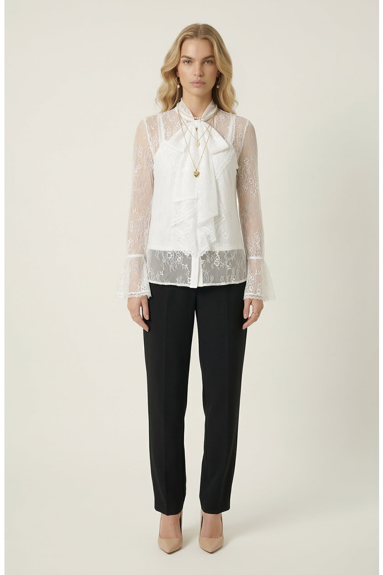 Sheer Lace Bow Tie Neck Ruffle Front Detail Blouse, Alternate, color, White