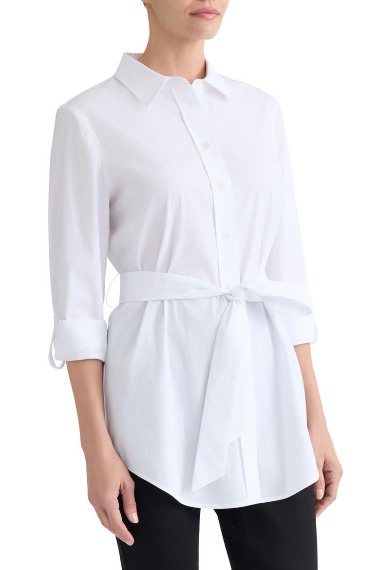 Belted Button Front Roll Sleeve Shirt, Alternate, color, NATURAL WHITE