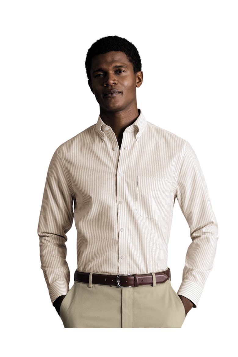 Slim Fit Button-Down Collar Non-Iron Stretch Stripe Oxford Shirt, Main, color, Taupe