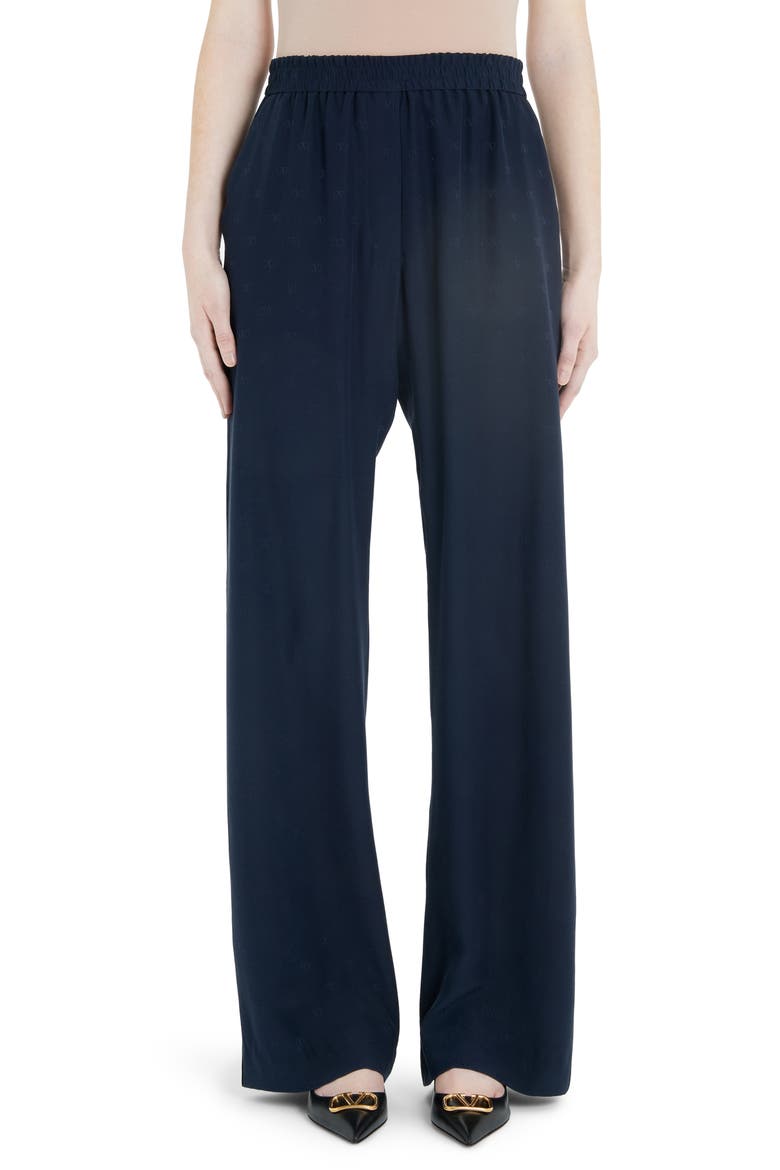 Logo Jacquard Silk Satin Wide Leg Pants, Main, color, 598-NAVY