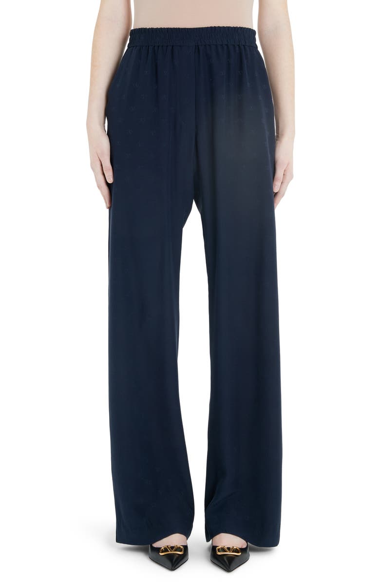 Valentino Logo Jacquard Silk Satin Wide Leg Pants, Main, color, 