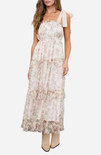Tie Strap Ruffle Tiered Floral Chiffon Midi Dress