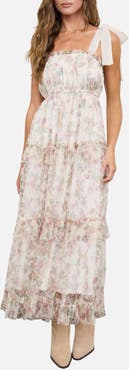 Blu Pepper Tie Strap Ruffle Tiered Floral Chiffon Midi Dress