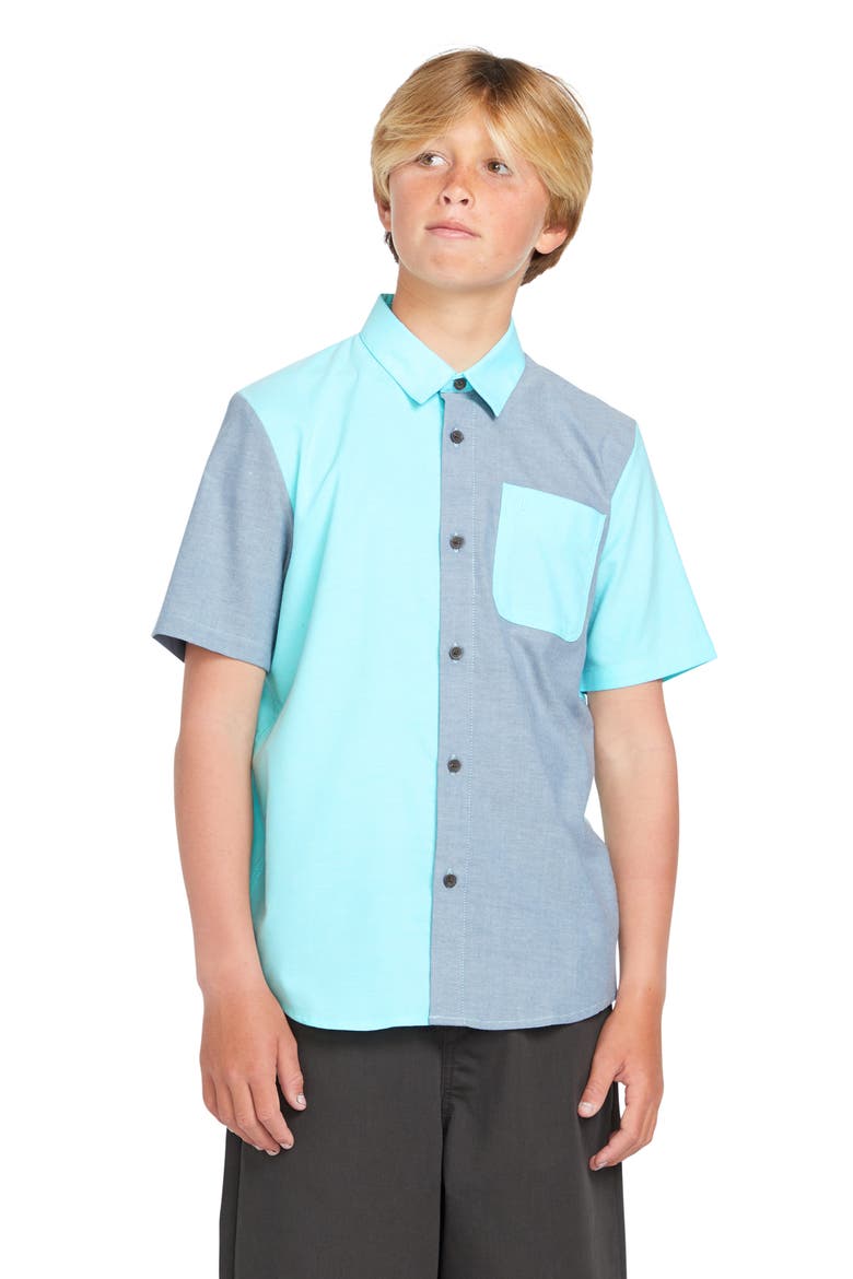 Kids' Satostone Colorblock Short Sleeve Stretch Button-Up Shirt, Alternate, color, CRETE BLUE