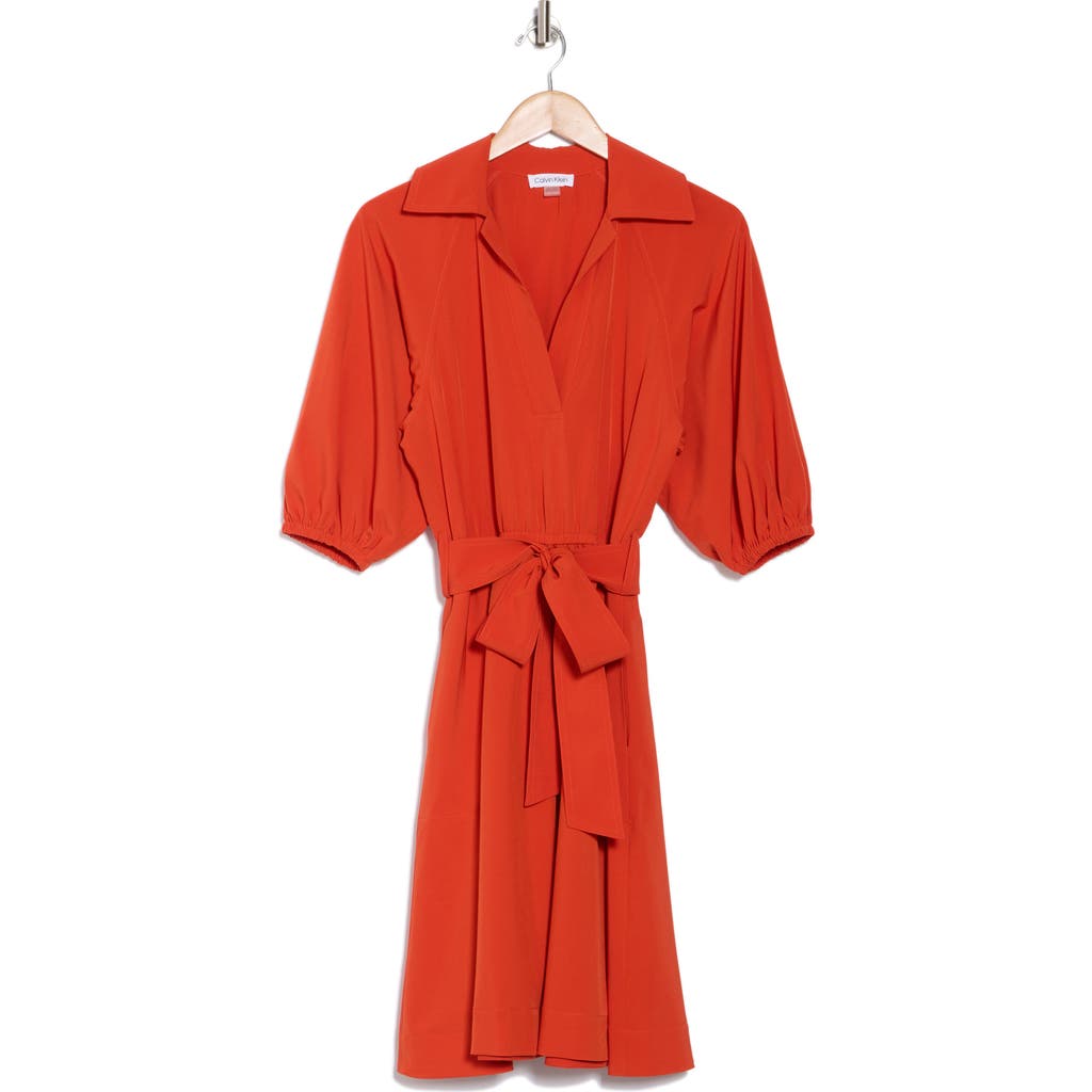 Calvin Klein Puff Sleeve A-line Shirtdress In Red