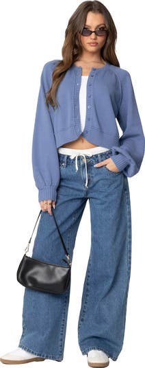 EDIKTED Sammi Balloon Sleeve Cotton Crop Cardigan | Nordstrom