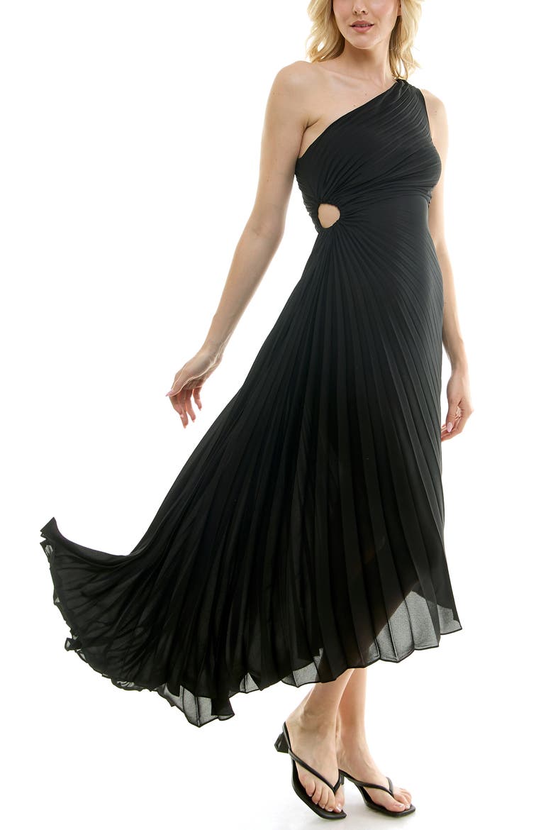 One Shoulder Pleat Midi Dress, Alternate, color, VERY BLACK