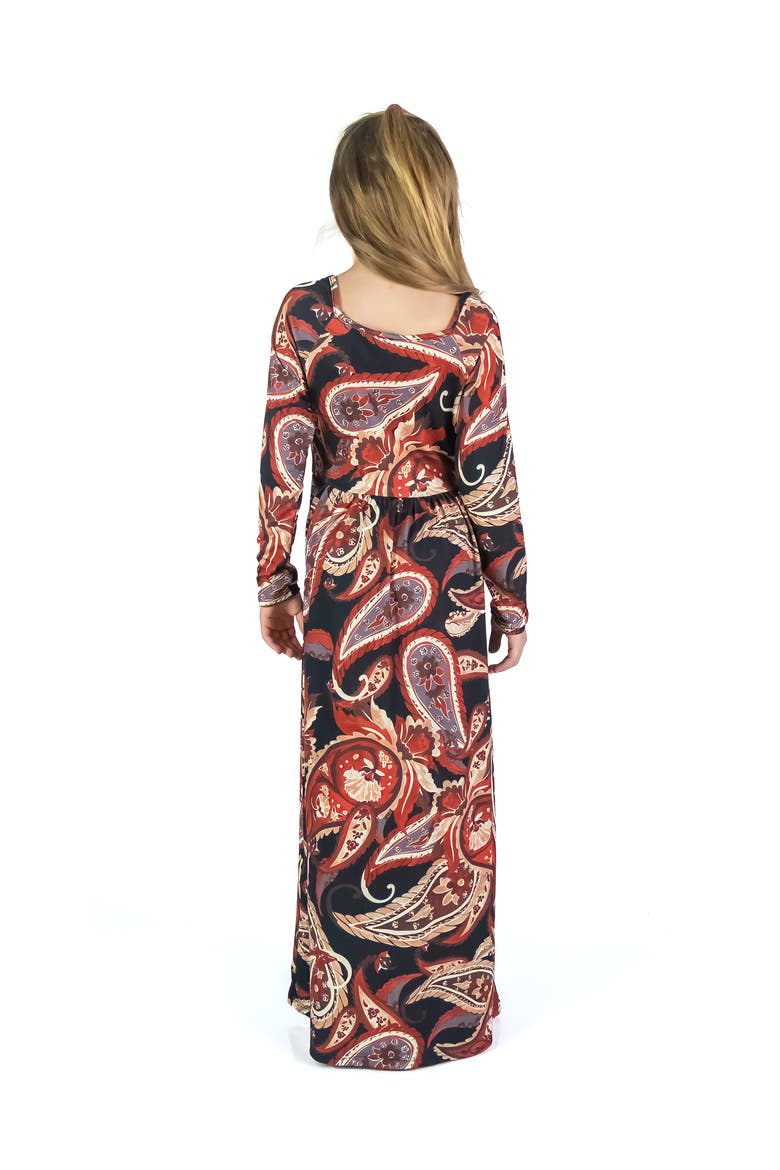 Black and Red Paisley Long Sleeve Pleated Maxi Dress, Alternate, color, Brown Multi