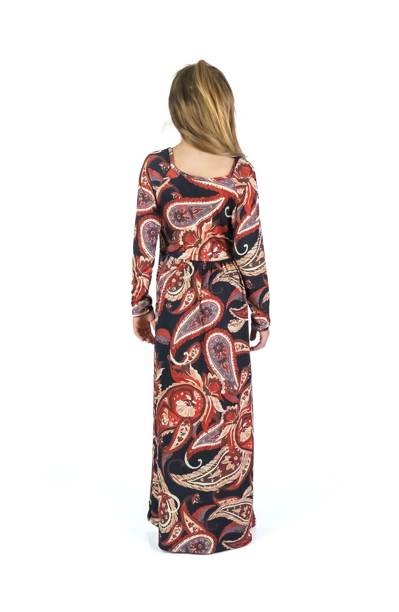 24sevenKid Black and Red Paisley Long Sleeve Pleated Maxi Dress, Alternate, color, Brown Multi