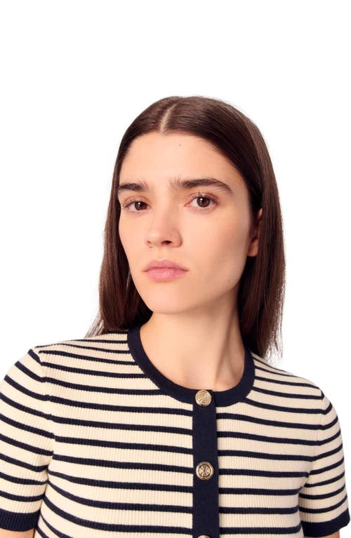 Maje Striped Short-sleeve Cardigan In Ecru/navy Blue