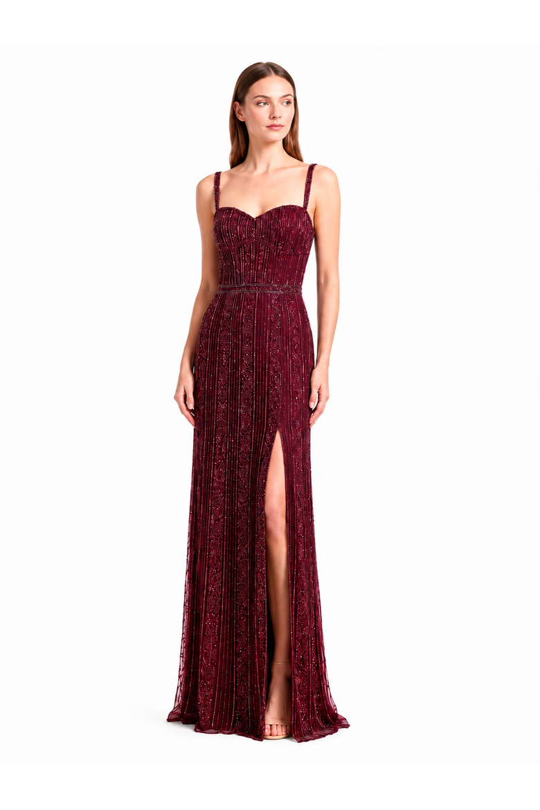 Spaghetti Strap Beaded Gown, Alternate, color, Wine