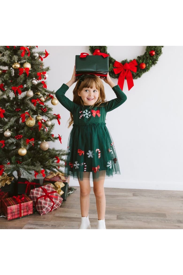 Emerald Candy Cane Sequin Christmas Long Sleeve Tutu Dress, Alternate, color, Emerald Green