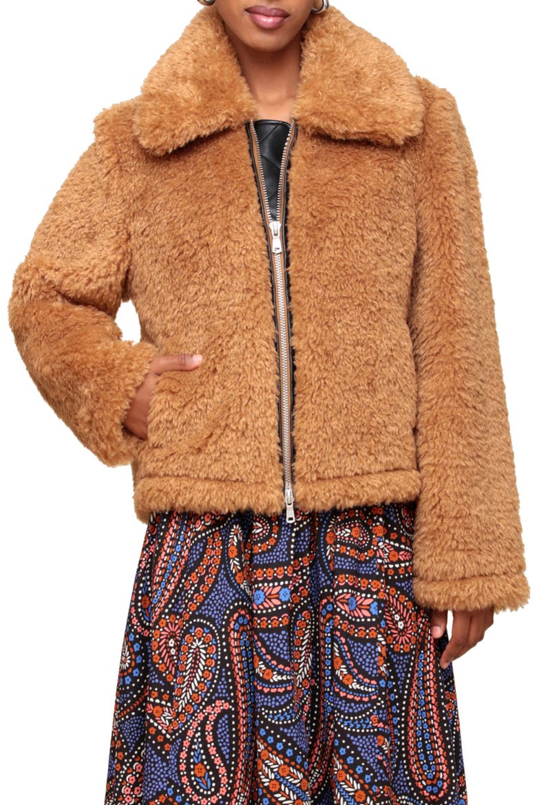 Faux Fur Zip-Up Jacket, Alternate, color, CAMEL