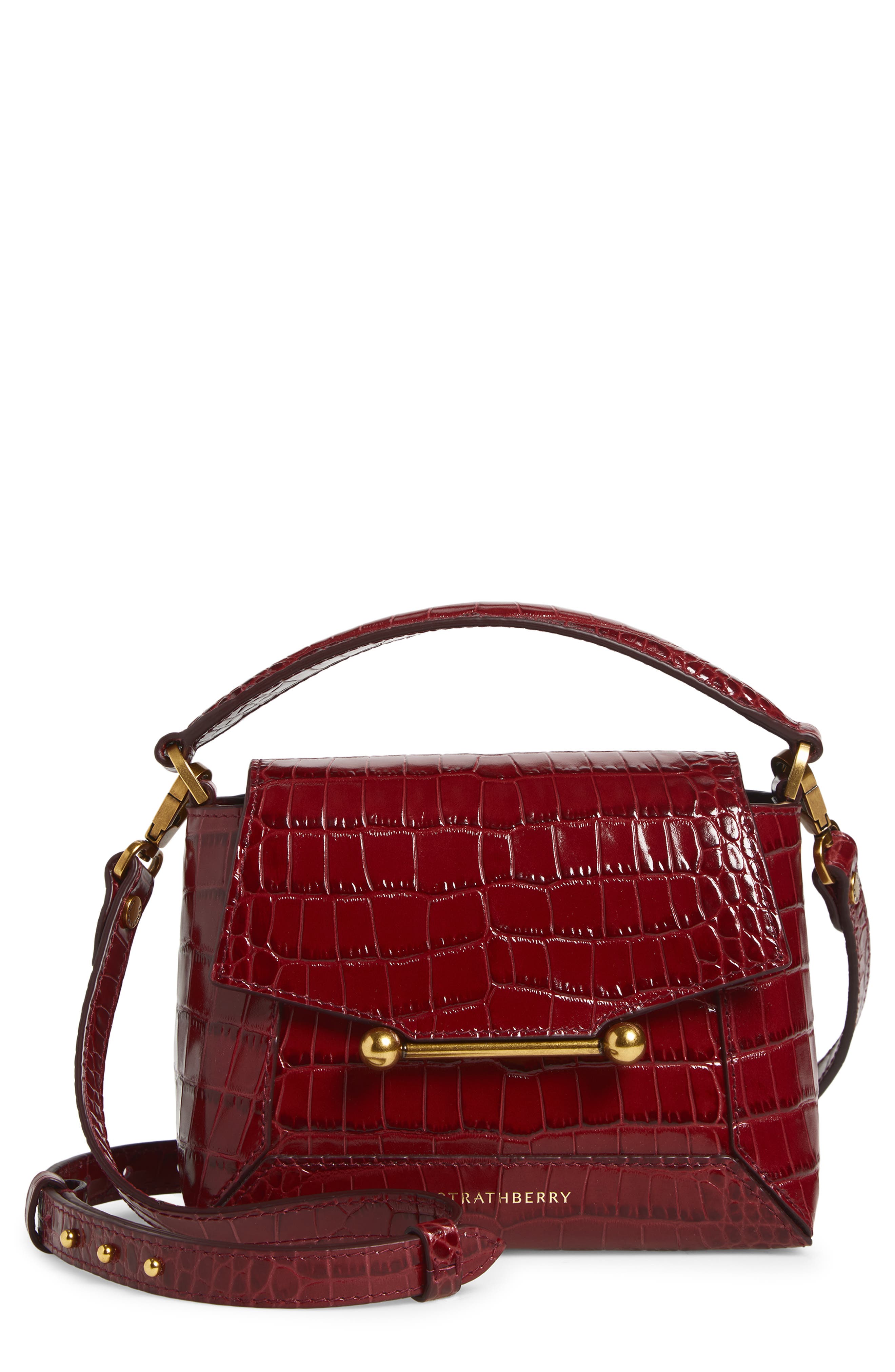 Strathberry Nano Mosaic Croc Embossed Leather Handbag, Main, color, Oxblood