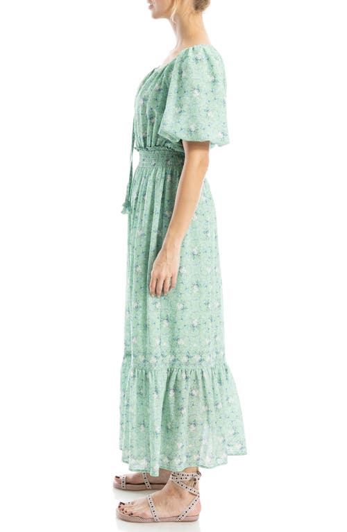 Max Studio Bubble Sleeve Tiered Maxi Dress In Soft Green Lattice