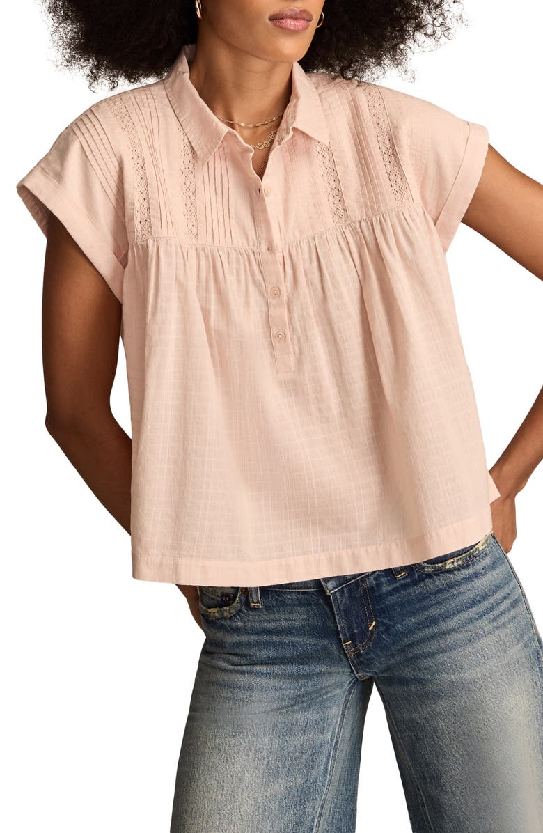 Lucky Brand Lace Inset Pintuck Tunic Shirt, Main, color, Peach Whip