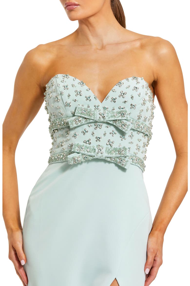 Strapless Sweetheart Crepe Gown with Embellished Bodice, Bow Detail & Thigh-High Slit, Alternate, color, Mint