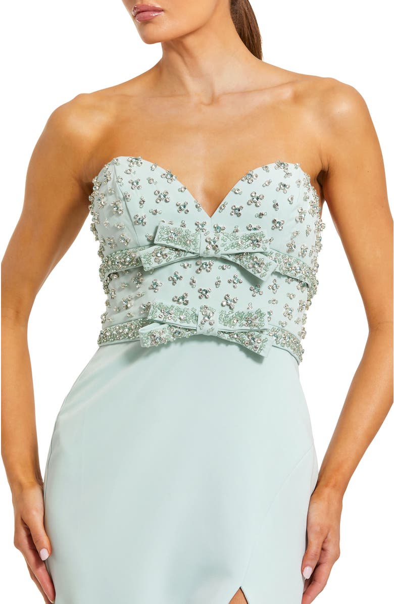Mac Duggal Strapless Sweetheart Crepe Gown with Embellished Bodice, Bow Detail & Thigh-High Slit, Alternate, color, Mint