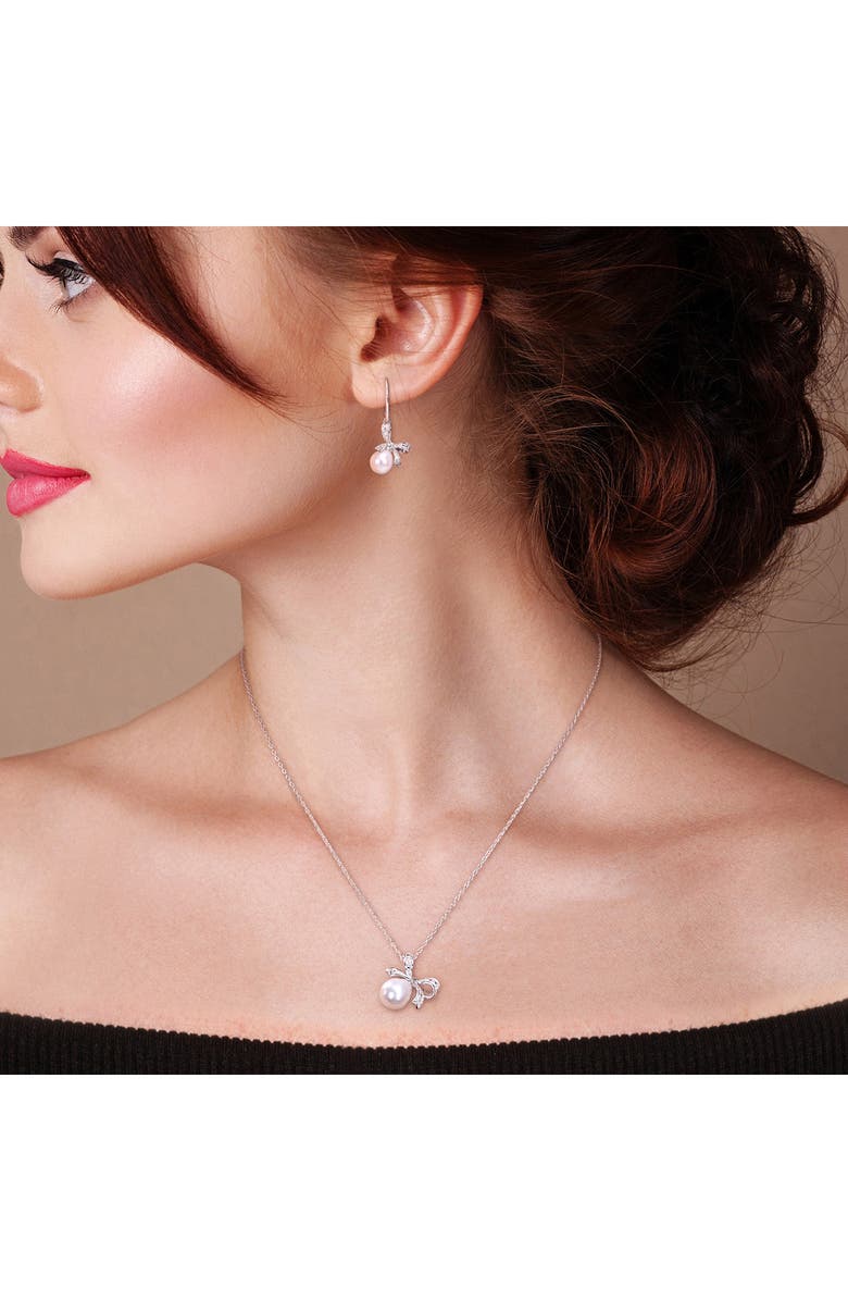 DELMAR Sterling Silver 7.5–9mm Cultured Freshwater Pearl & Moissanite Bow Drop Earrings & Necklace Set, Alternate, color, 