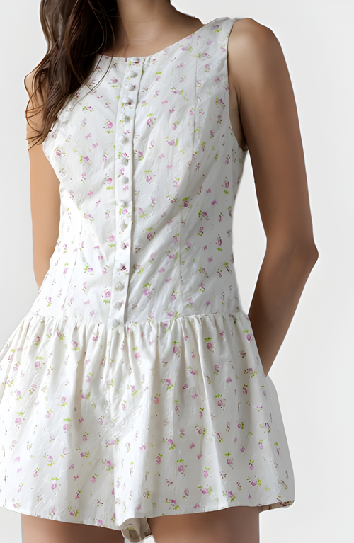 Modenaire Sleeveless Button-front Romper With Gathered Skirted Shorts And Floral Print In Multi