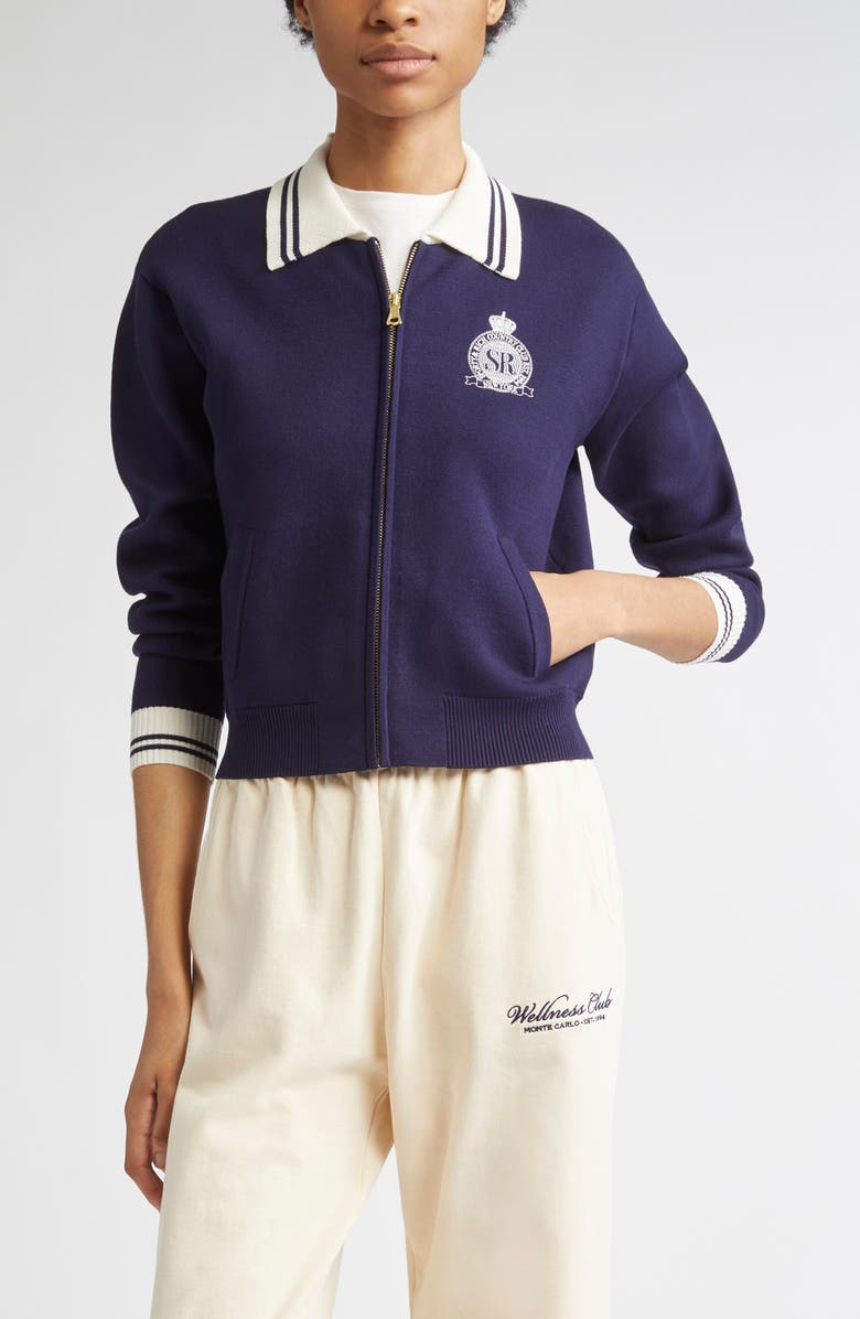 Sporty & Rich Royal Club Embroidered Zip Cardigan, Main, color, Dark Navy