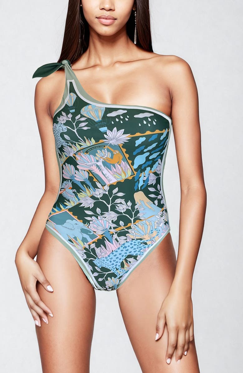 Jessie Zhao New York Green Garden Reversible One-Shoulder One-Piece Swimsuit, Main, color, 