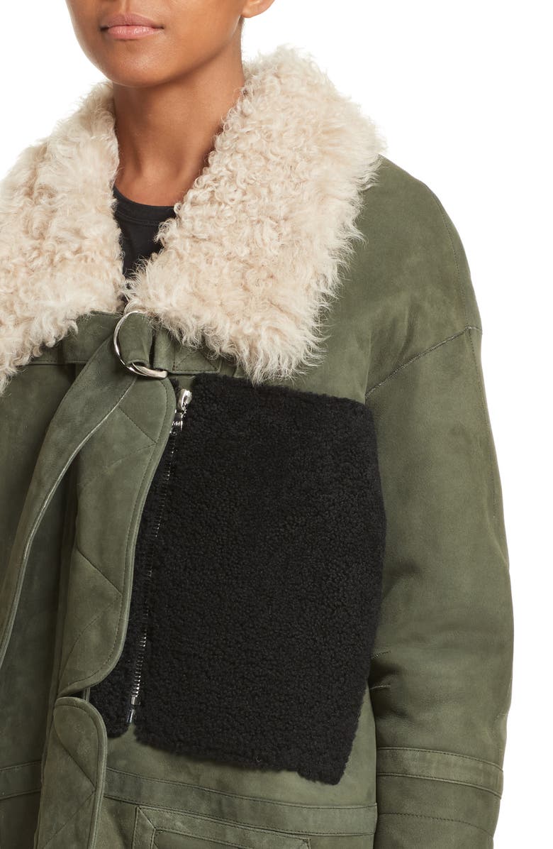 Sandy Liang Ines Suede & Genuine Shearling Coat, Alternate, color, 