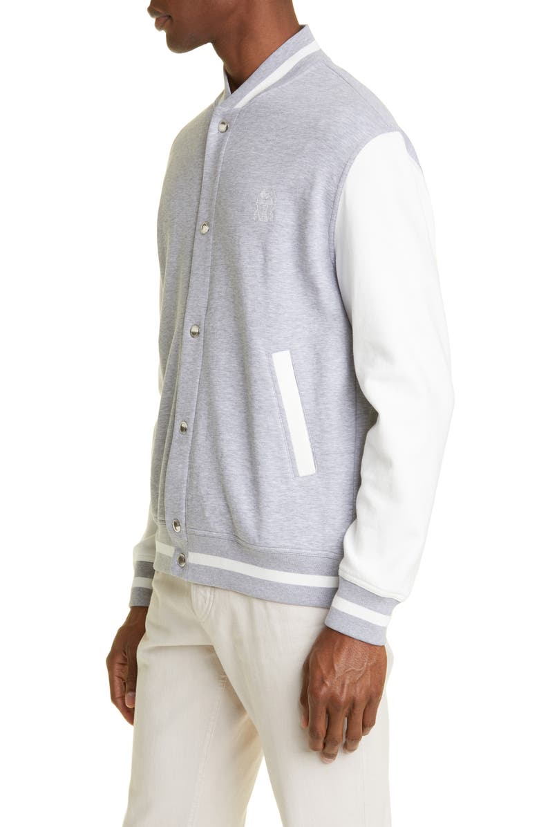 Brunello Cucinelli Cotton Blend French Terry Varsity Bomber Jacket, Alternate, color, 