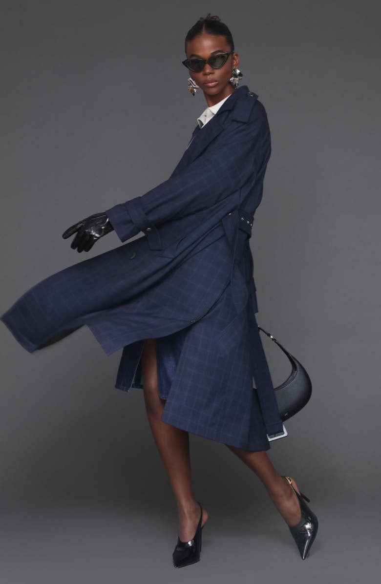 Avec Les Filles Plaid Double Breasted Belted Trench Coat, Alternate, color, Midnight Plaid