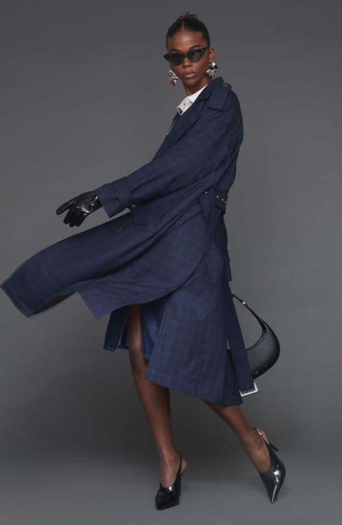 Avec Les Filles Plaid Double Breasted Belted Trench Coat In Blue