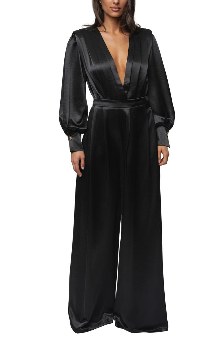 JLUXLABEL Pleated Wide Leg Satin Pants, Alternate, color, Black