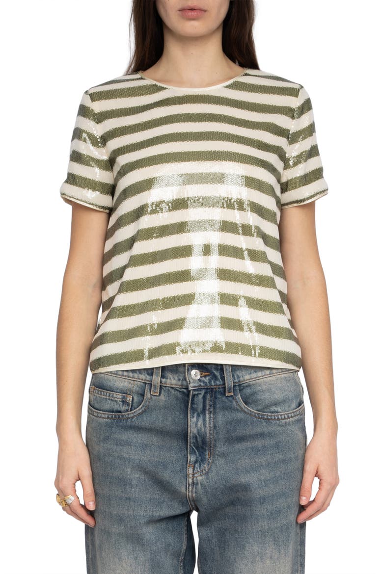 Tchao Sequin Stripe Top, Main, color, MOSS