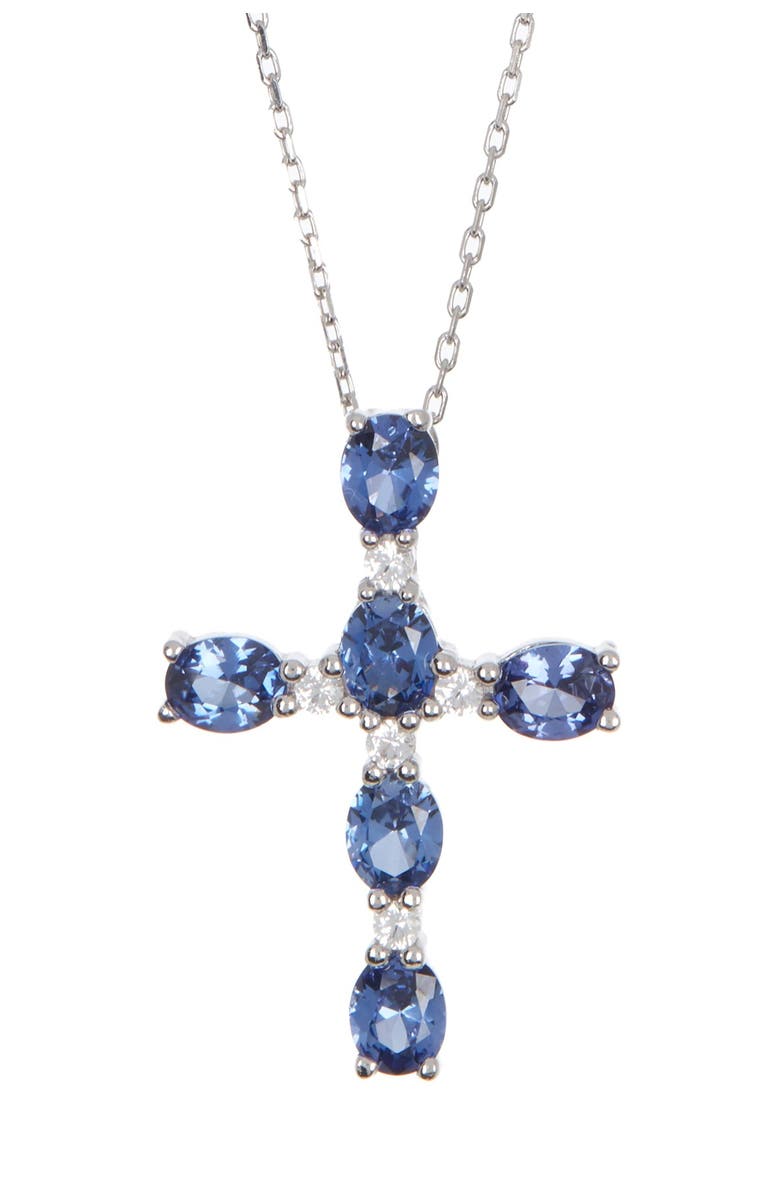 SUZY LEVIAN Sterling Silver Oval Blue Sapphire Cross Pendant Necklace, Main, color, 