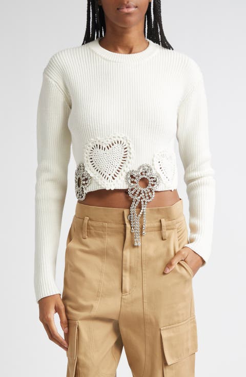 Crystal Flower & Crochet Heart Appliqué Crop Rib Sweater