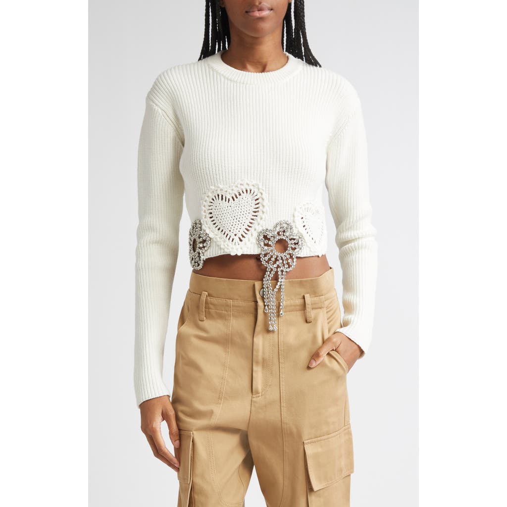 Area Crystal Crocheted Flower Cropped Sweater In Neutral