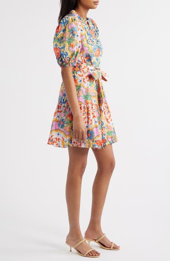 Print Ruffle Tie Waist Puff Sleeve Dress