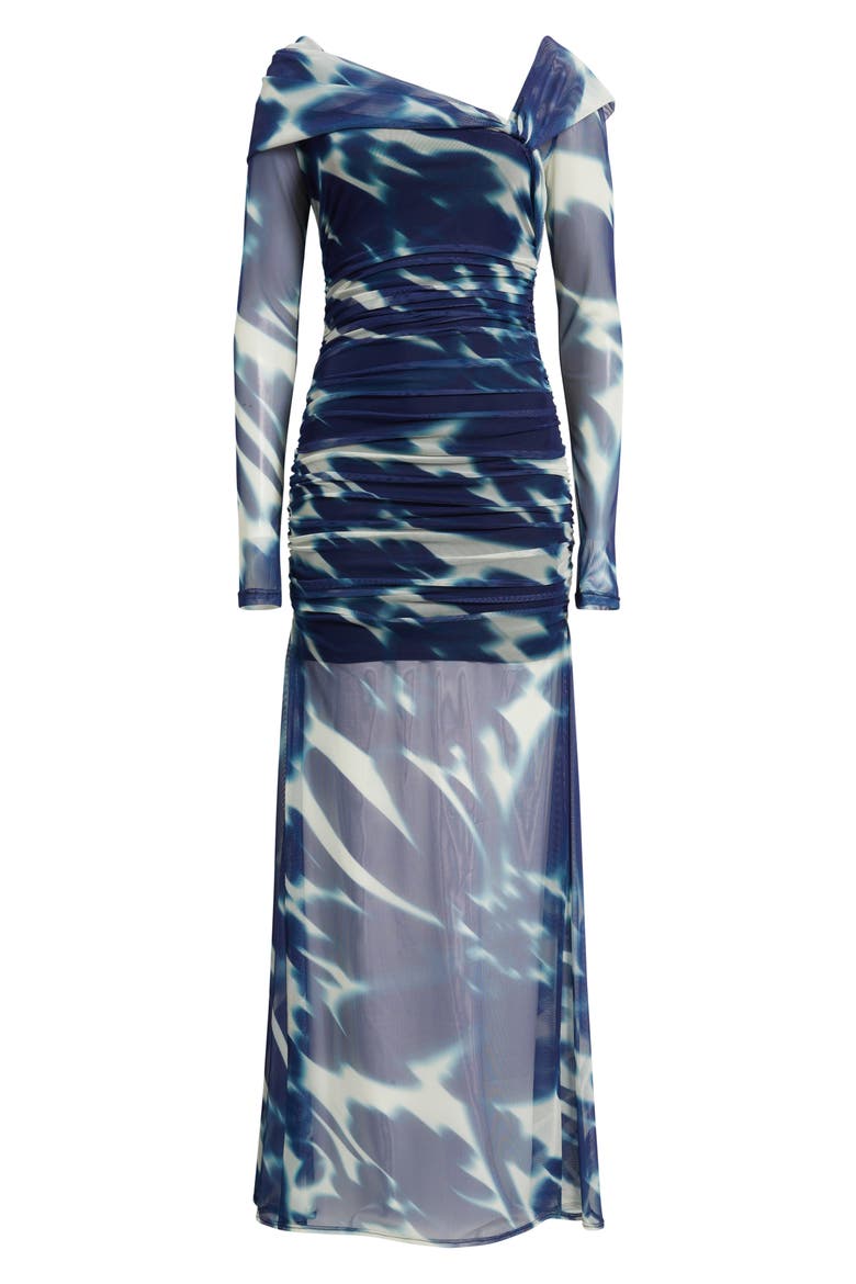 Dina Long Sleeve Ruched Mesh Maxi Dress, Alternate, color, FLORAL WAVE
