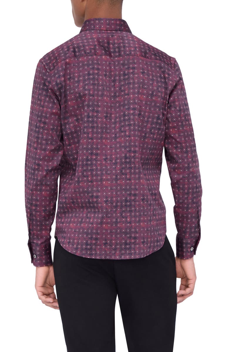 Bugatchi Julian Shaped Fit Geometric Cotton Button-Up Shirt, Alternate, color, Cabernet