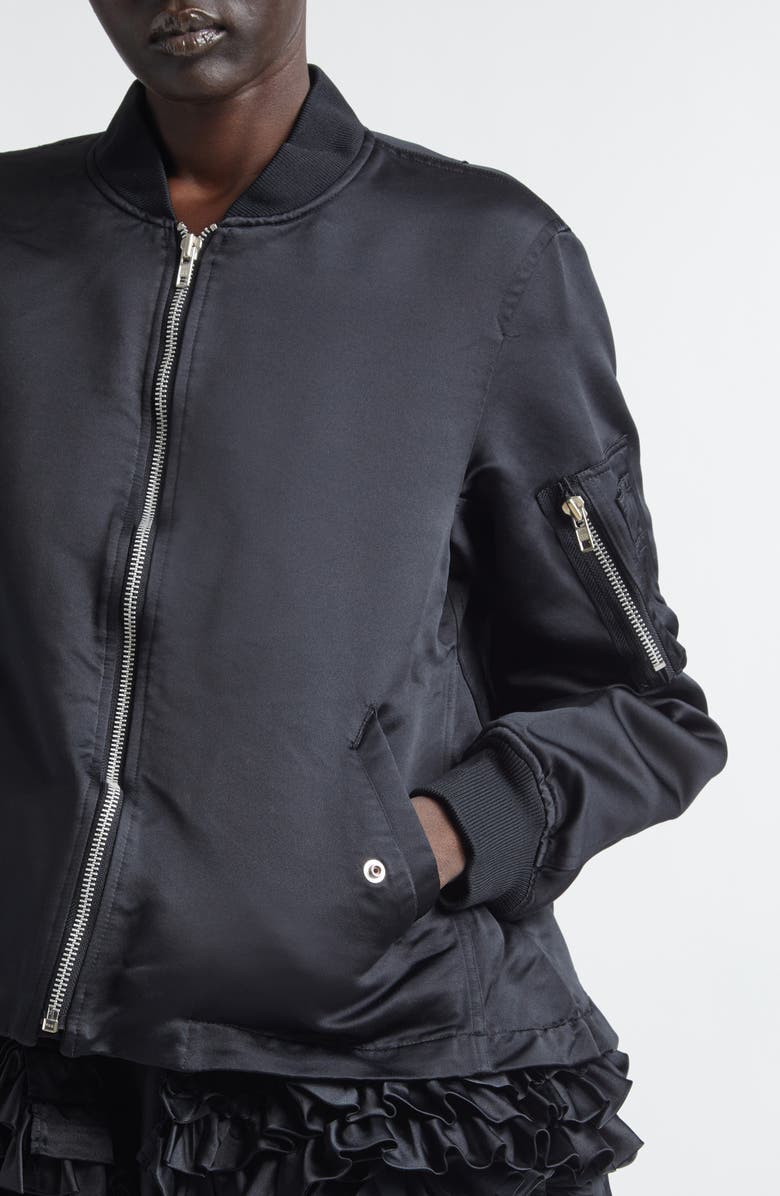 Comme des Garçons Comme des Garçons Ruffle Hem Satin Bomber Jacket, Alternate, color, Black