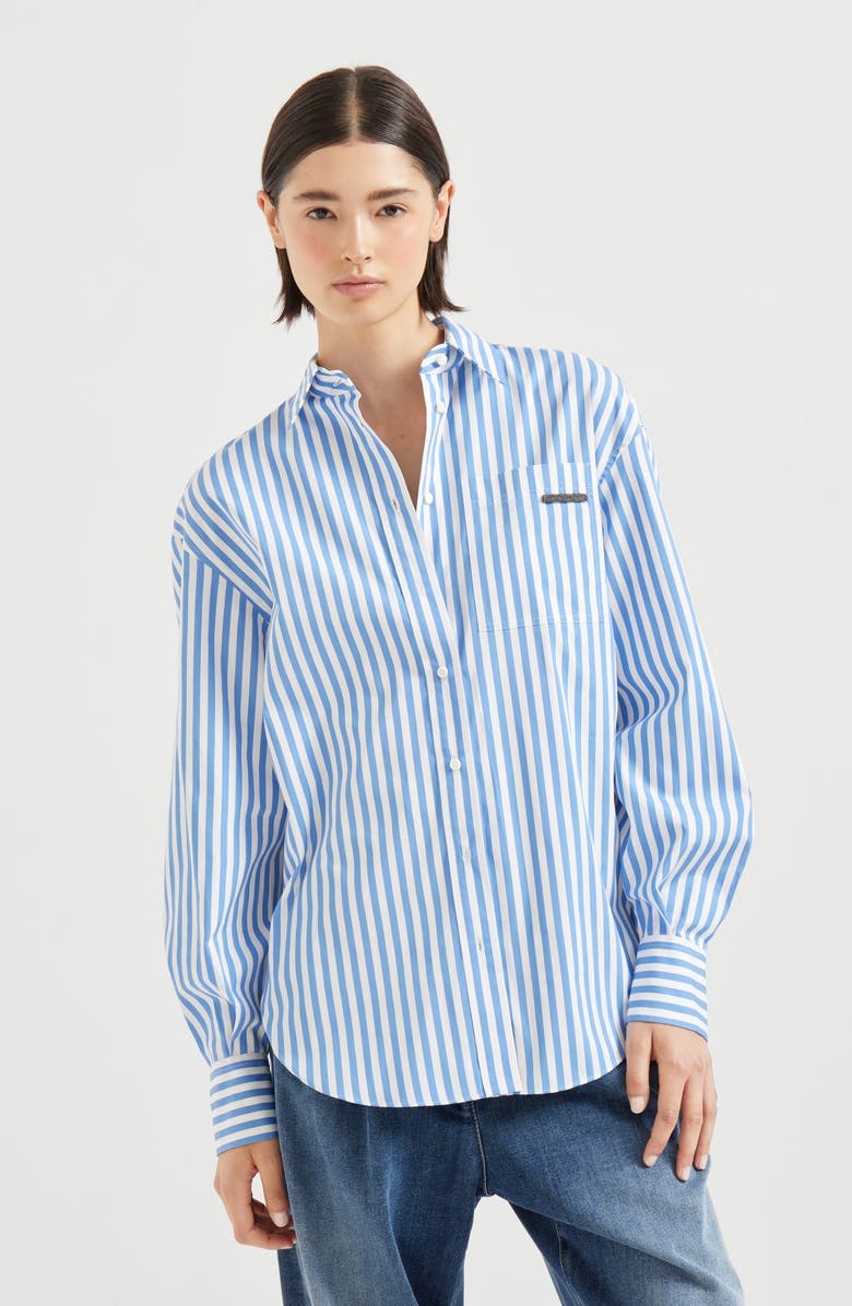 Brunello Cucinelli Striped poplin shirt, Alternate, color, Azure