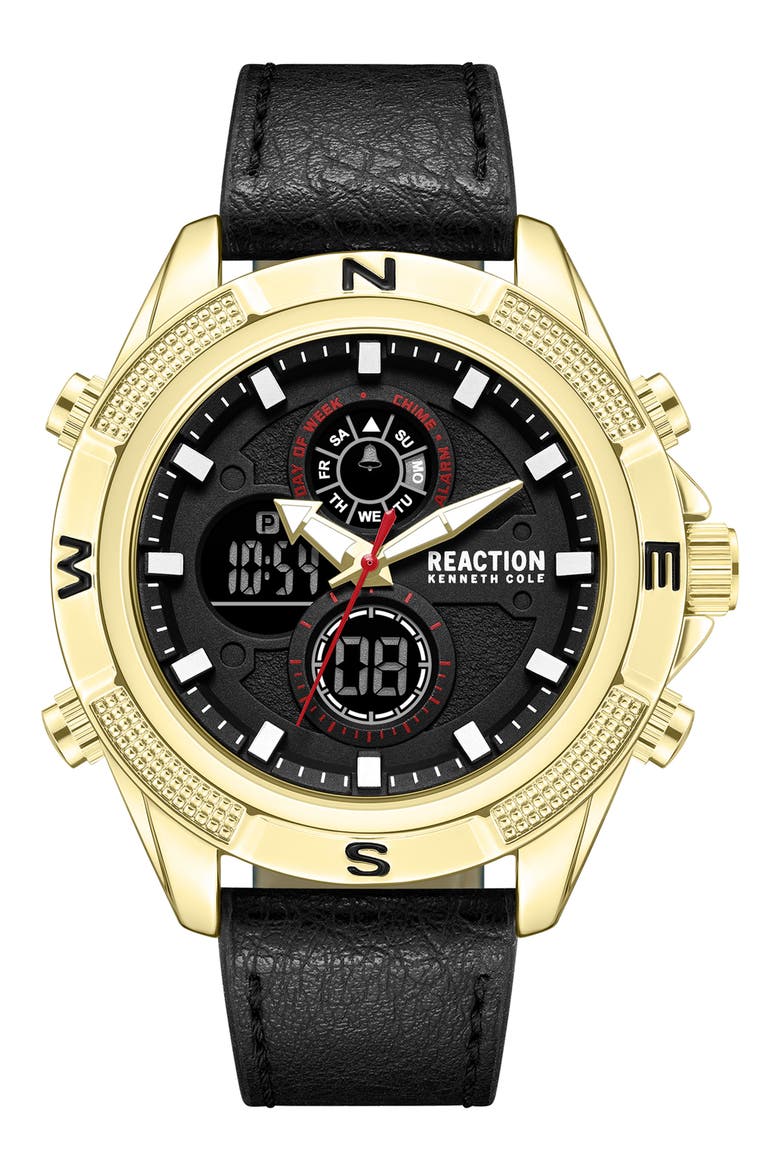 Analog & Digital Faux Leather Strap Watch, 48.2mm, Main, color, BLACK/ GOLD