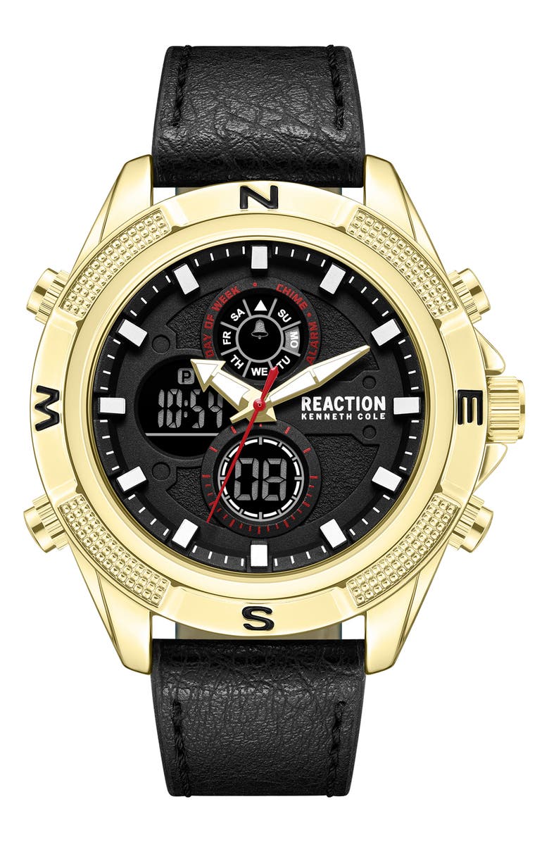 Kenneth Cole Reaction Analog & Digital Faux Leather Strap Watch, 48.2mm, Main, color, Black/ Gold