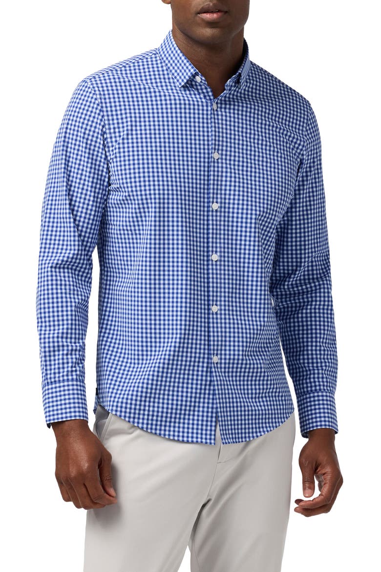 Leeward Trim Fit No Tuck Gingham Performance Button-Up Shirt, Main, color, COBALT CREW GINGHAM