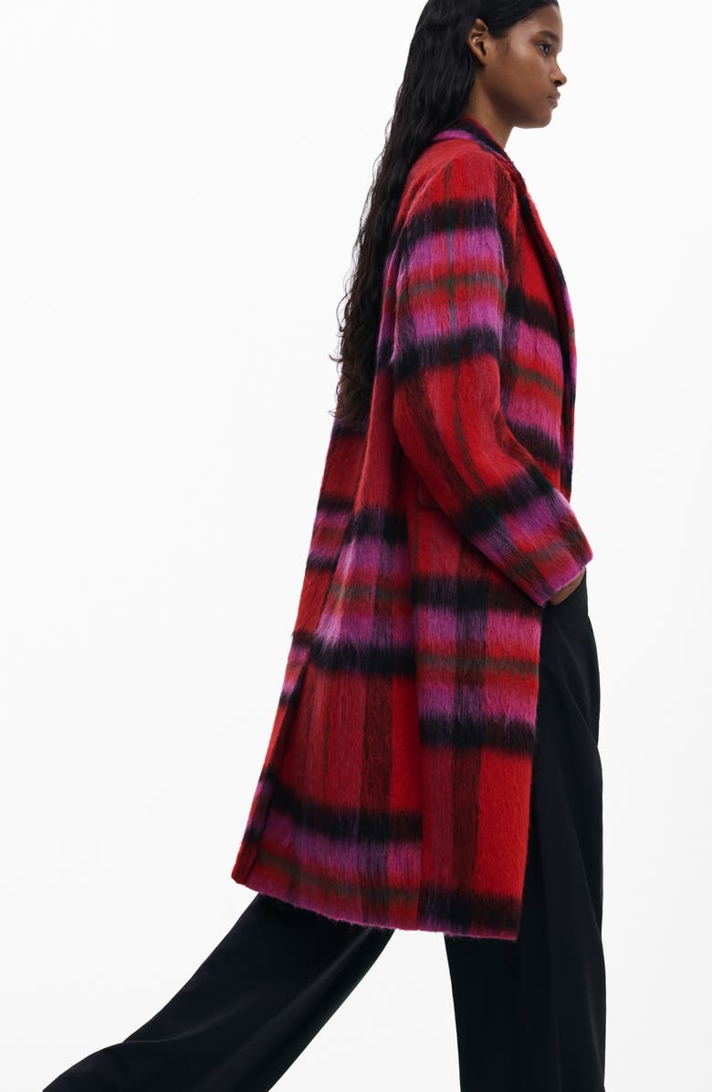 Desigual Tartan Plaid Fuzzy Coat, Alternate, color, Red