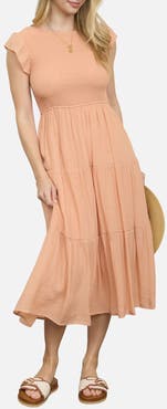 Blu Pepper Smocked Cap Sleeve Tiered Midi Dress