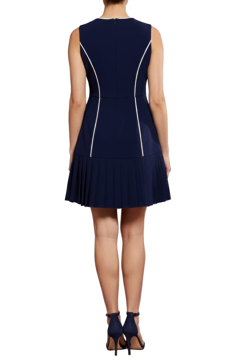 Contrast Piped Pleated Dress, Alternate, color, MARITIME NAVY/ SOFT WHITE